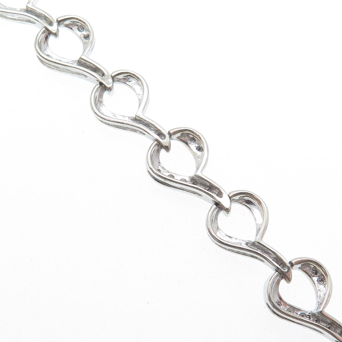 SUN 925 Sterling Silver Real Round-Cut Diamond Heart Link Bracelet 7"