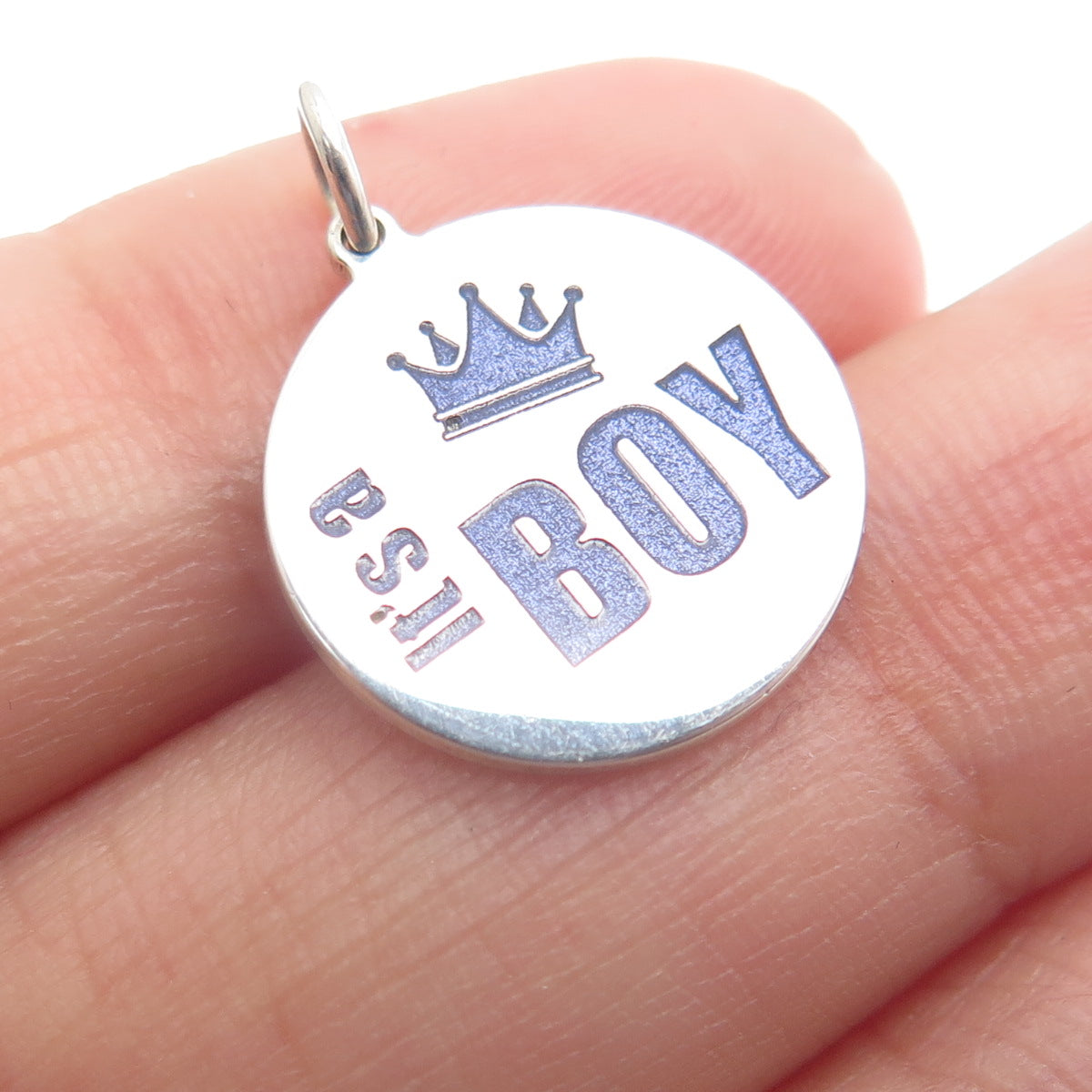 925 Sterling Silver Purple Enamel "It's a Boy" Round Minimalist Charm Pendant