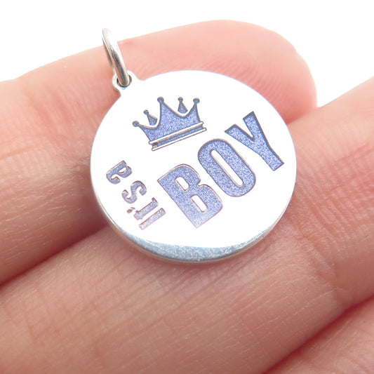925 Sterling Silver Purple Enamel "It's a Boy" Round Minimalist Charm Pendant