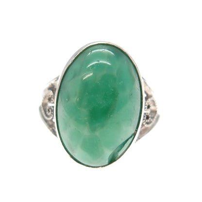925 Sterling Silver Antique Art Deco Green Glass Filigree Heart Ring Size 5.75