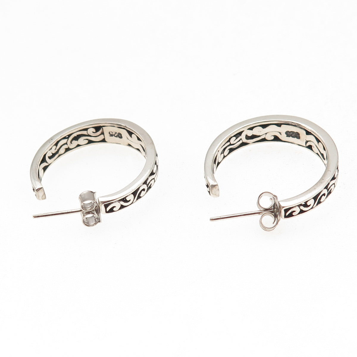 925 Sterling Silver Vintage Floral Scroll Oxidized Hoop Earrings