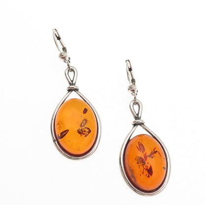 925 Sterling Silver Vintage Real Amber Modernist Dangle Earrings