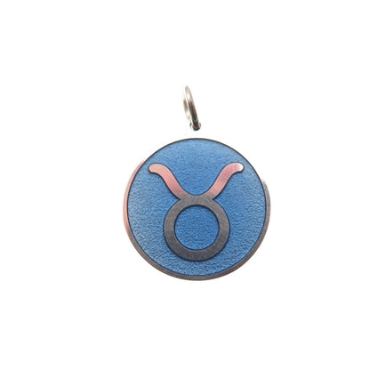 925 Sterling Silver Blue Enamel Taurus Zodiac Round Tag Mini Charm Pendant