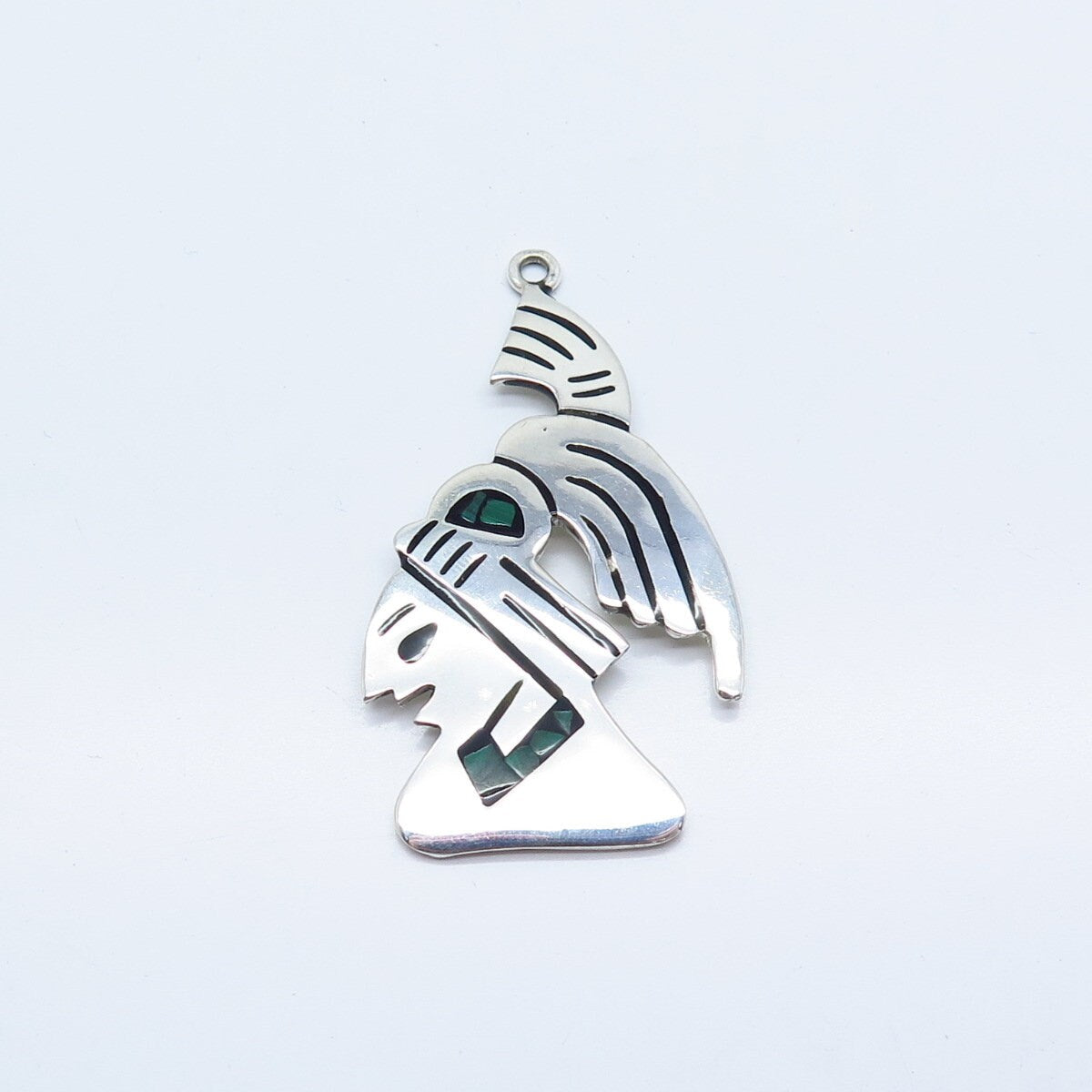 925 Sterling Silver Vintage Mexico Real Malachite Gem Inlay Tribal Pendant
