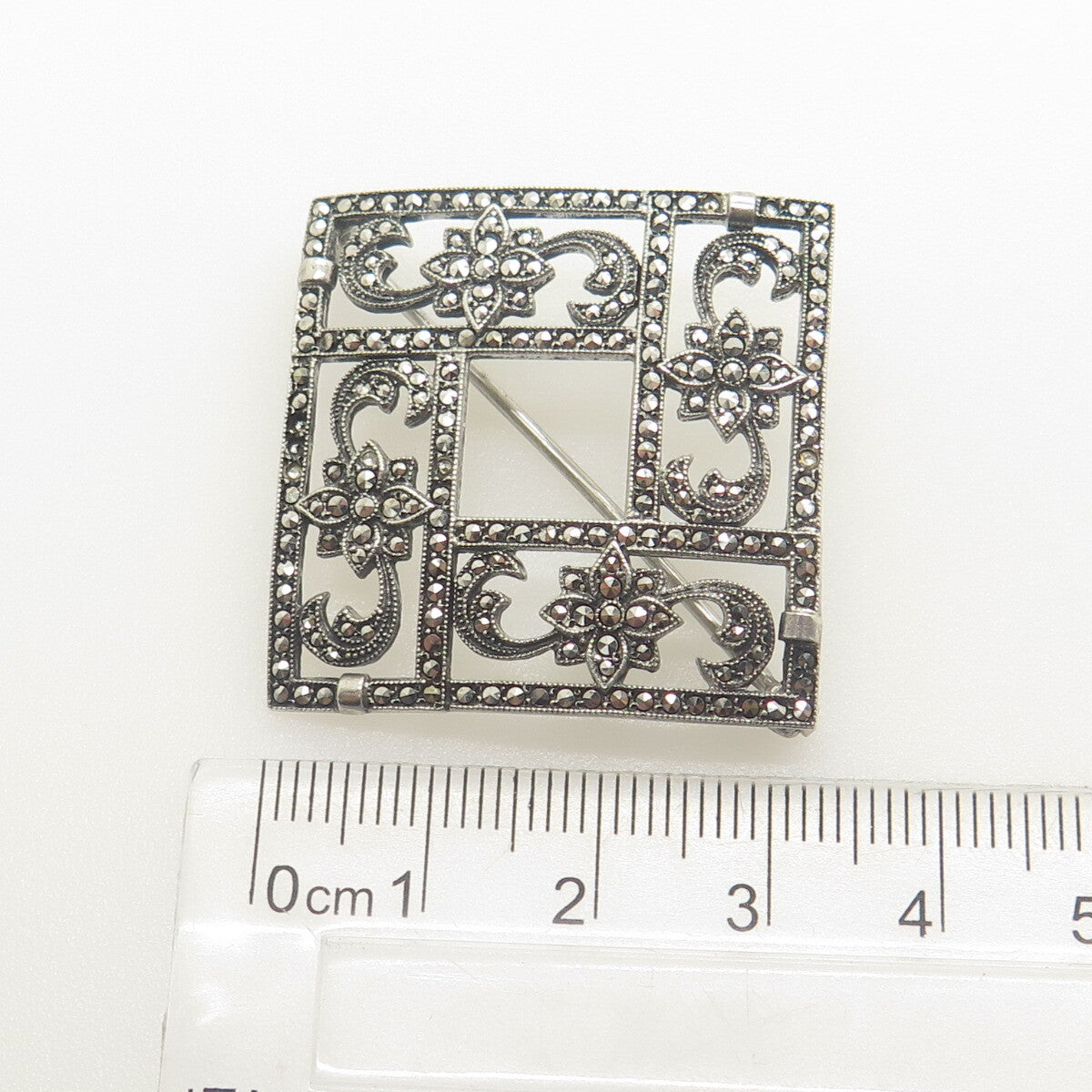 925 Sterling Silver Antique Art Deco Real Marcasite Flower Square Pin Brooch