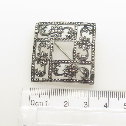925 Sterling Silver Antique Art Deco Real Marcasite Flower Square Pin Brooch