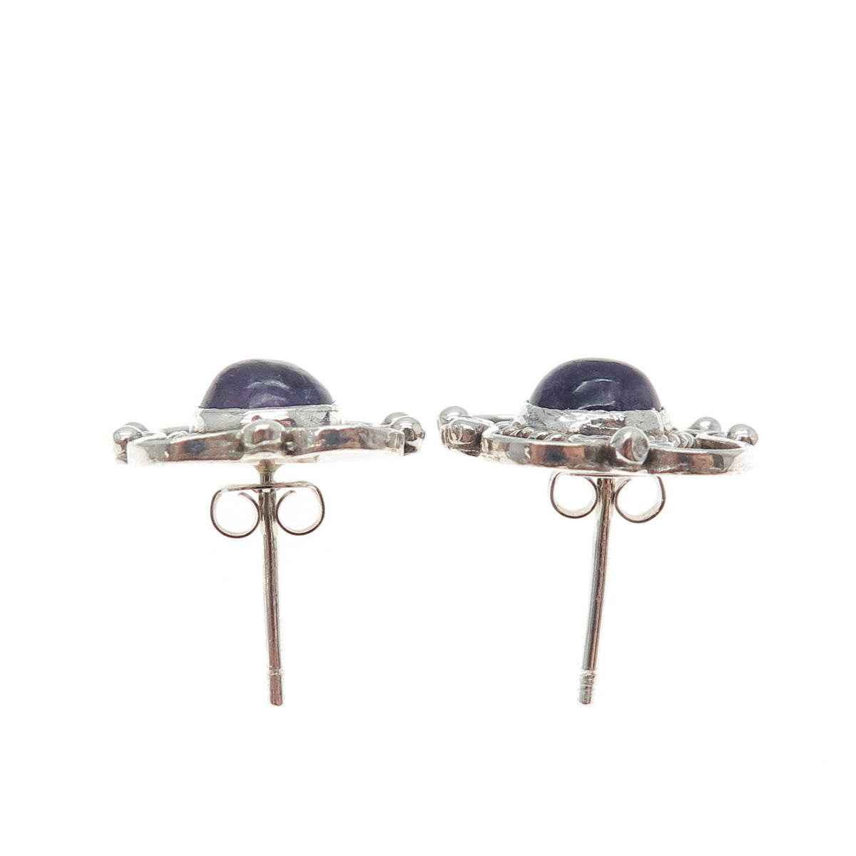 980 Silver Vintage Mexico Real Amethyst Modernist Oxidized Earrings