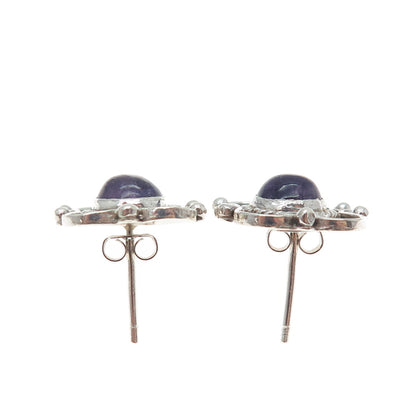 980 Silver Vintage Mexico Real Amethyst Modernist Oxidized Earrings