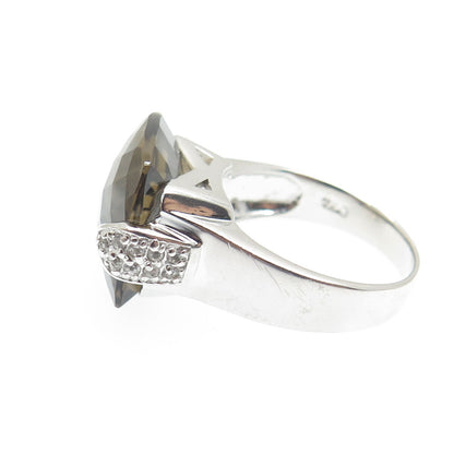 925 Sterling Silver Checkered Smoky & White C Z Ring Size 7.25