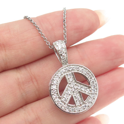 925 Sterling Silver Italy C Z Symbol of Peace Pendant Rolo Chain Necklace 14"