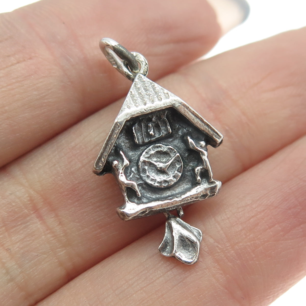 800 Silver Vintage Cuckoo Clock Minimalist 3D Charm Pendant