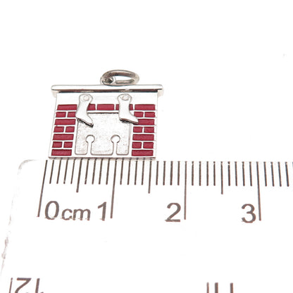 Wells 925 Sterling Silver Vintage Enamel Merry Christmas Fireplace Charm Pendant