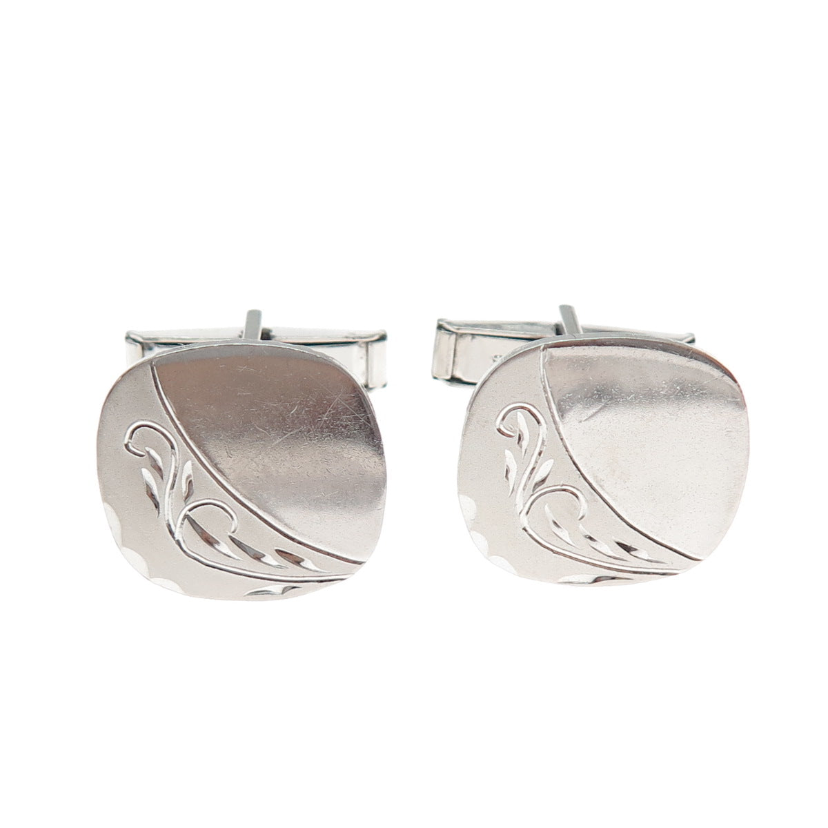 925 Sterling Silver Antique Art Deco T2 Engraved Floral Cushion-Shape Cufflinks