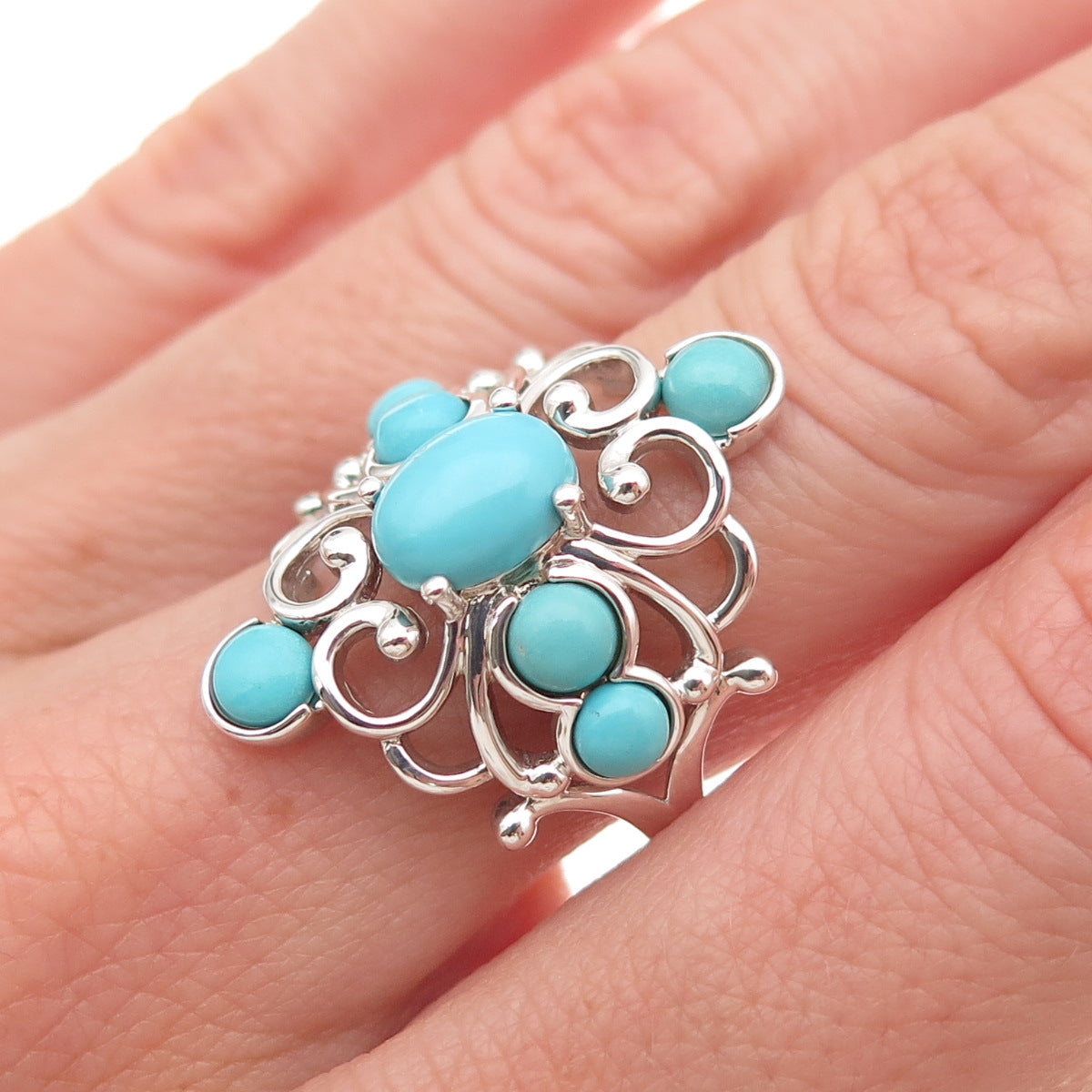 925 Sterling Silver Real Sleeping Beauty Turquoise Floral Cross Ring Size 8