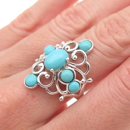 925 Sterling Silver Real Sleeping Beauty Turquoise Floral Cross Ring Size 8