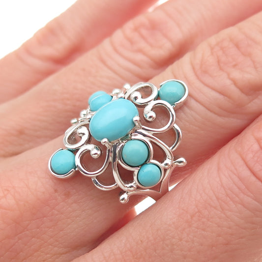 925 Sterling Silver Real Sleeping Beauty Turquoise Floral Cross Ring Size 8