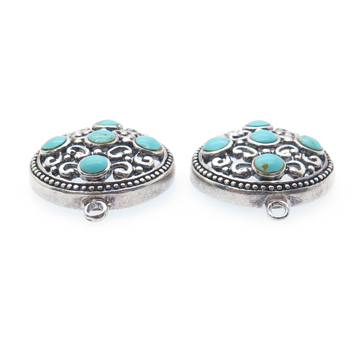 925 Sterling Silver Vintage Real Lone Mountain Turquoise Ornate Jacket Earrings