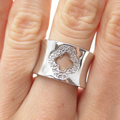 925 Sterling Silver Vintage Round-Cut C Z Flower Wide Ring Size 7.25