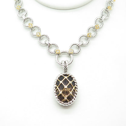 DANWAK 18K Gold Sterling 7-Diamond 0.07ct & Smoky Quartz 17.27ct Necklace 16"