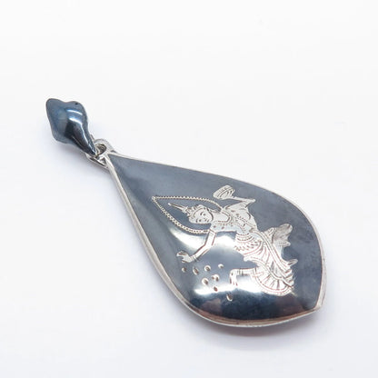 925 Sterling Silver Vintage Niello Hindu Goddess Teardrop Pendant