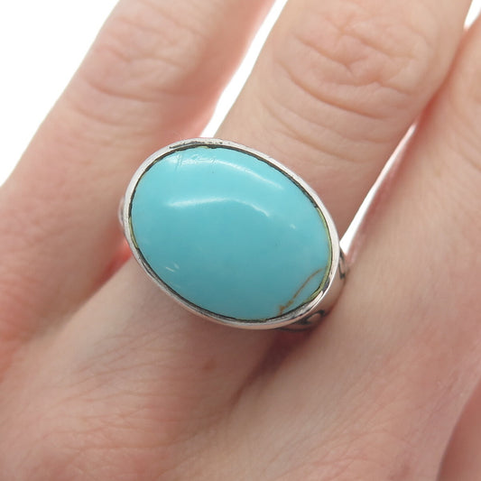 925 Sterling Silver Vintage Real Lone Mountain Turquoise Ornate Ring Size 7.75