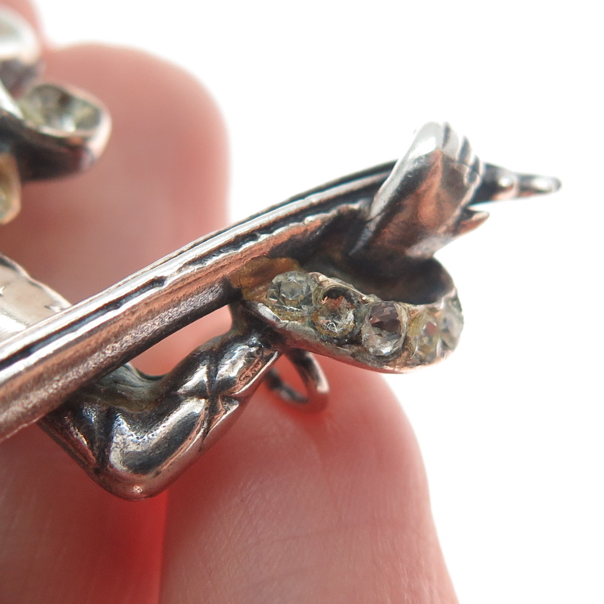 M SLATER Sterling Antique Shell Opalite Harlequin Brooch (missing 9 rhinestones)