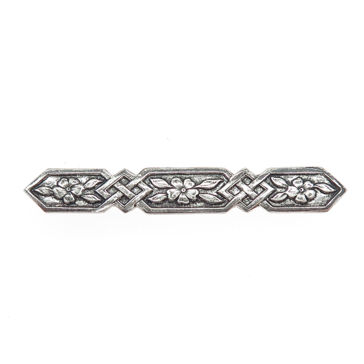 925 Sterling Silver Vintage Flower Blossom Bar Oxidized Pin Brooch