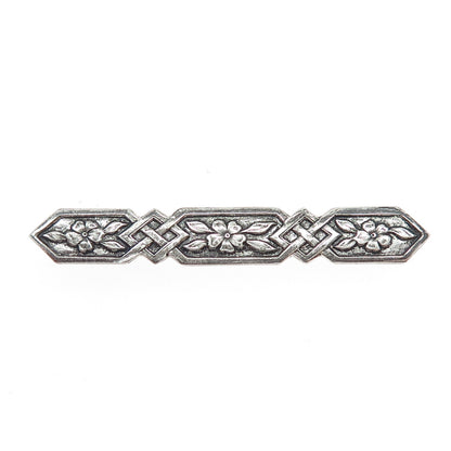925 Sterling Silver Vintage Flower Blossom Bar Oxidized Pin Brooch
