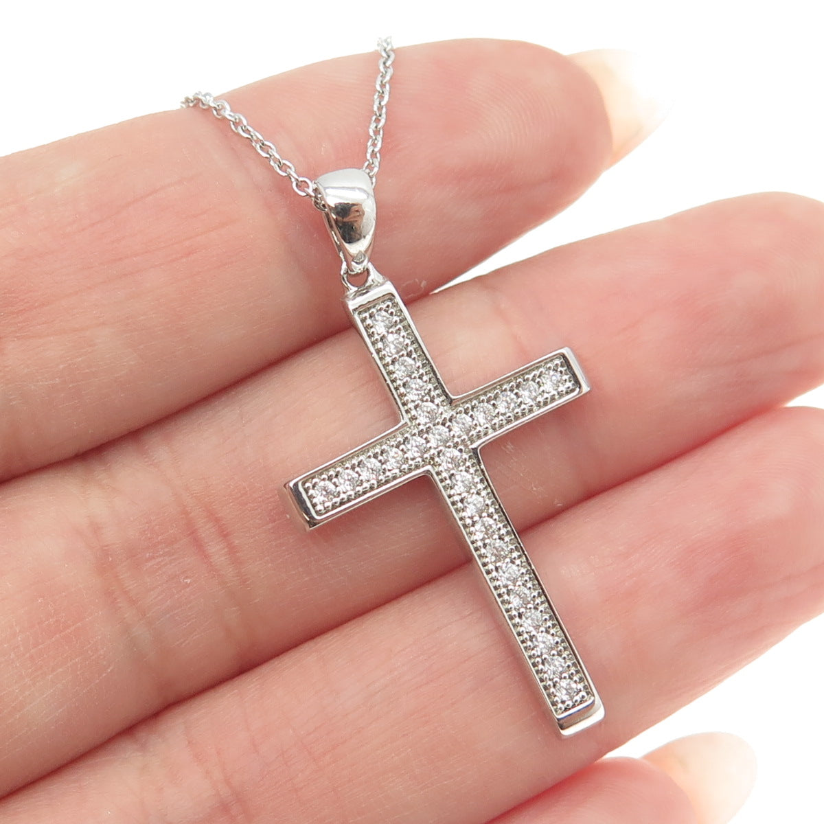 925 Sterling Silver Pave C Z Cross Pendant Rolo Chain Necklace 18"