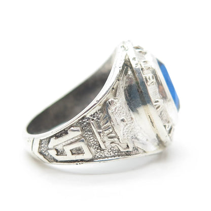 925 Sterling Silver Vintage 1972 Blue Glass "St. John" School Ring Size 6.5