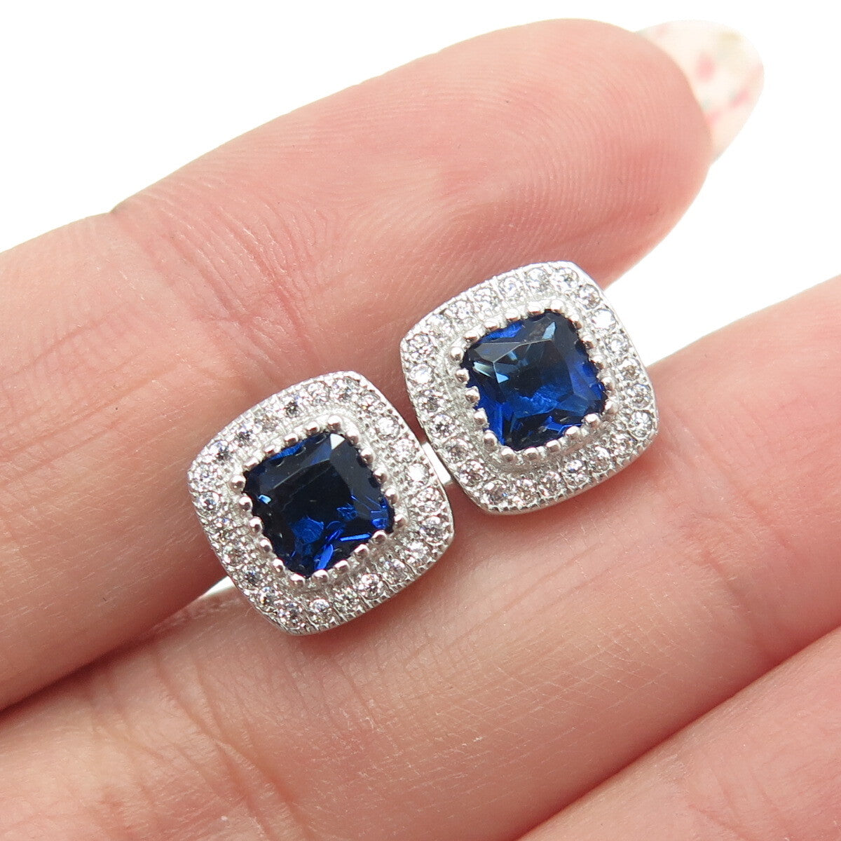 925 Sterling Silver White & Blue C Z Stud Earrings