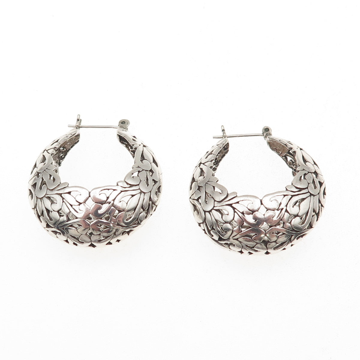 Jezlaine 925 Sterling Silver Vintage Ornate Floral Oxidized Hoop Earrings