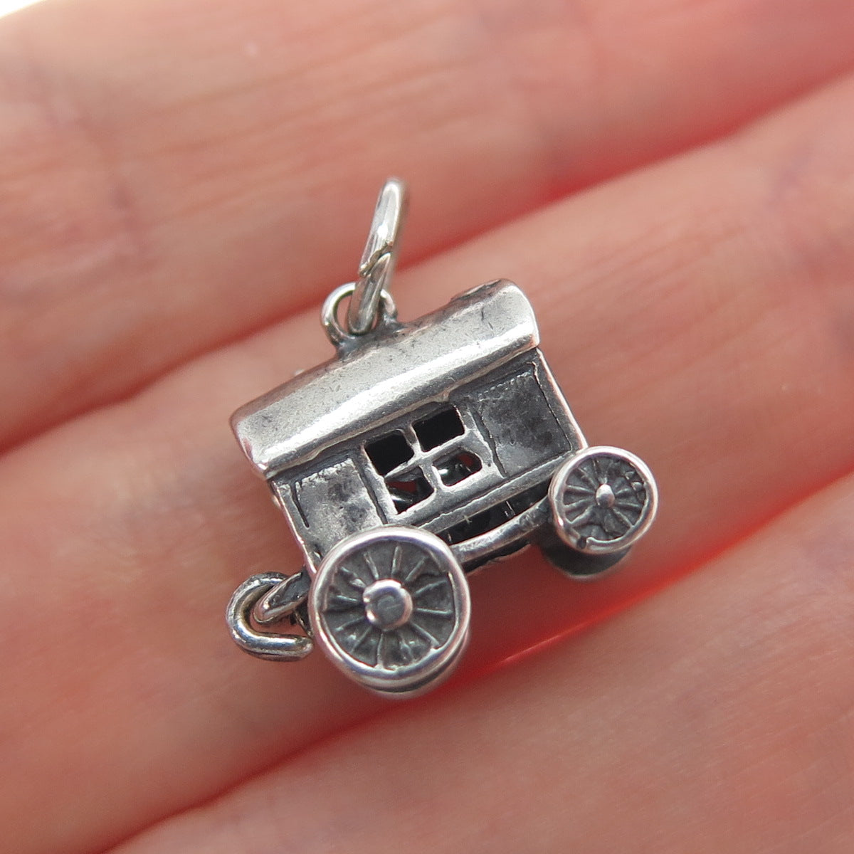 925 Sterling Silver Vintage Travel Wagon Oxidized Minimalist 3D Charm Pendant