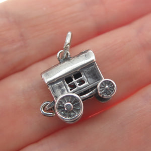 925 Sterling Silver Vintage Travel Wagon Oxidized Minimalist 3D Charm Pendant