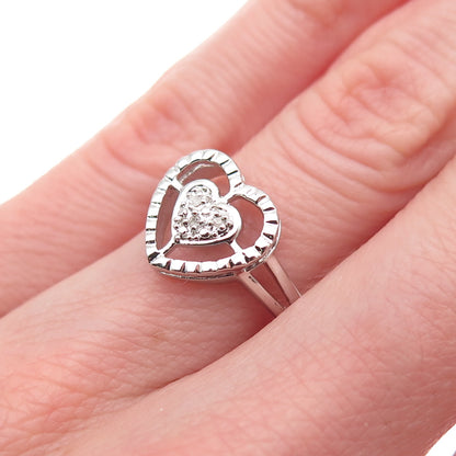925 Sterling Silver Real Round-Cut Diamond Heart Ring Size 6