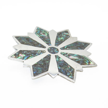 925 Sterling Silver Vintage Real Abalone Shell Flower Pin Brooch / Pendant