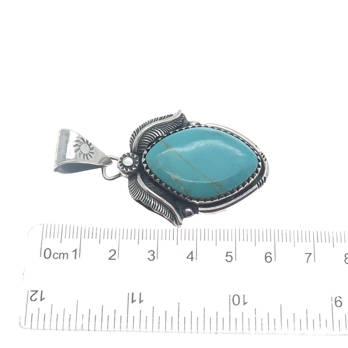 925 Sterling Silver Vintage Real Tyrone Turquoise Leaf Floral Oxidized Pendant