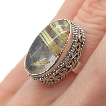 925 Sterling Silver Vintage Real Cabochon Rutilated Quartz Swirl Ring Size 6.25