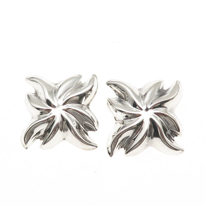 925 Sterling Silver Vintage Mexico Modernist Floral Oxidized Clip On Earrings