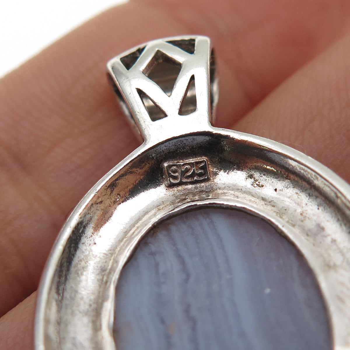 925 Sterling Silver Vintage Real Lace Agate Oxidized Charm Pendant