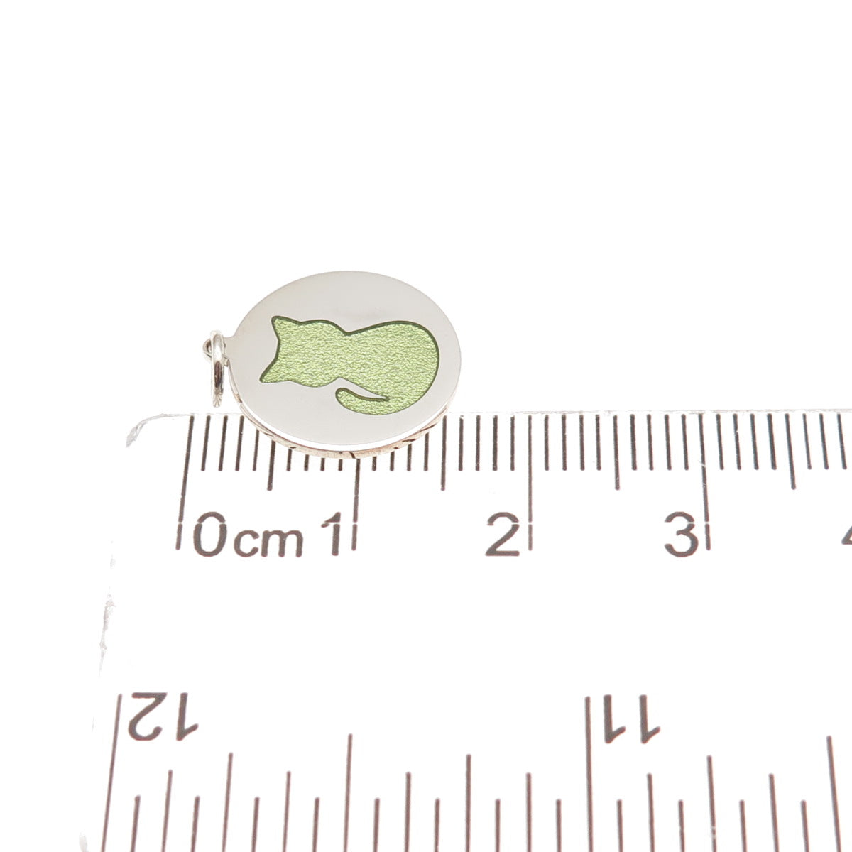 925 Sterling Silver Green Enamel Cat Round Tag Mini Charm Pendant