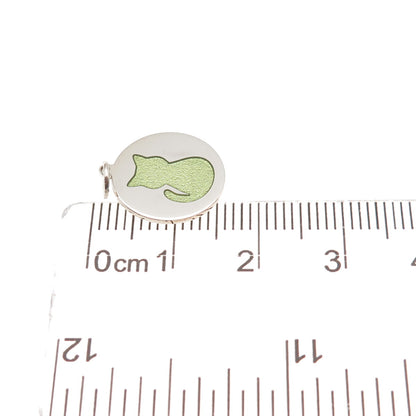 925 Sterling Silver Green Enamel Cat Round Tag Mini Charm Pendant