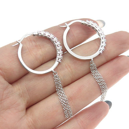 925 Sterling Silver Round-Cut Pink C Z Tassel Hoop Earrings
