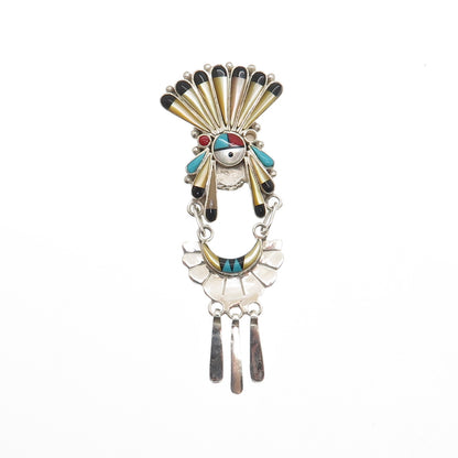 Old Pawn Silver Turquoise Onyx Coral MOP Indian Chief Pendant (missing 1 stone)