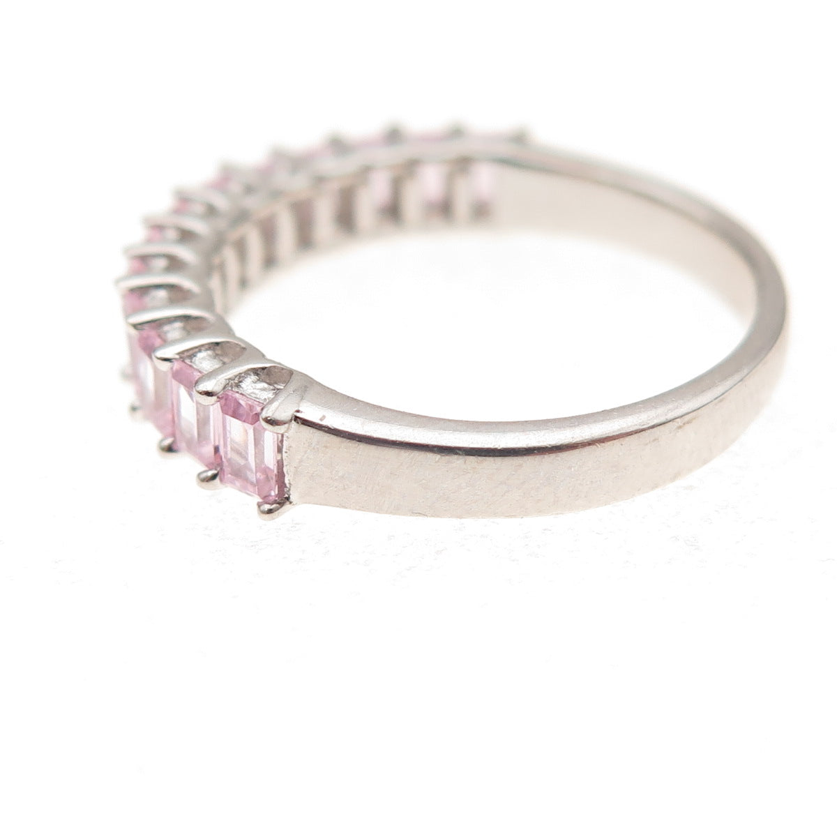 925 Sterling Silver Emerald-Cut Pink C Z Half Eternity Band Ring Size 6