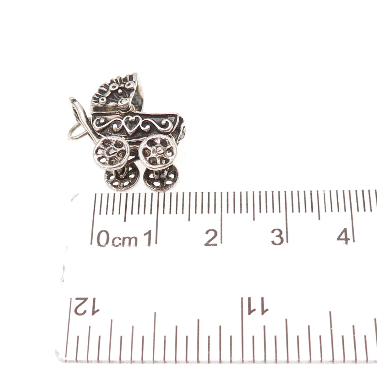 925 Sterling Silver Vintage Baby Stroller Oxidized 3D Charm Pendant
