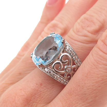 925 Sterling Silver Real Blue & White Topaz Heart Ornate Ring Size 7.25