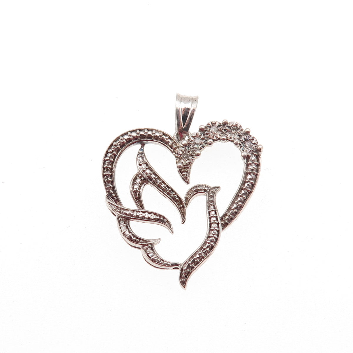 925 Sterling Silver Real Round-Cut Diamond Bird Heart Mini Charm Pendant