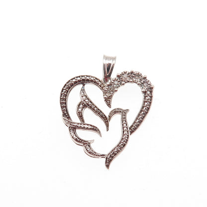 925 Sterling Silver Real Round-Cut Diamond Bird Heart Mini Charm Pendant