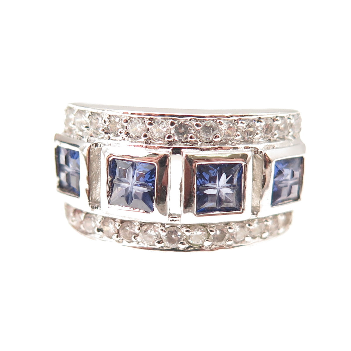 925 Sterling Silver Blue Princess & White Round-Cut C Z Ring Size 6